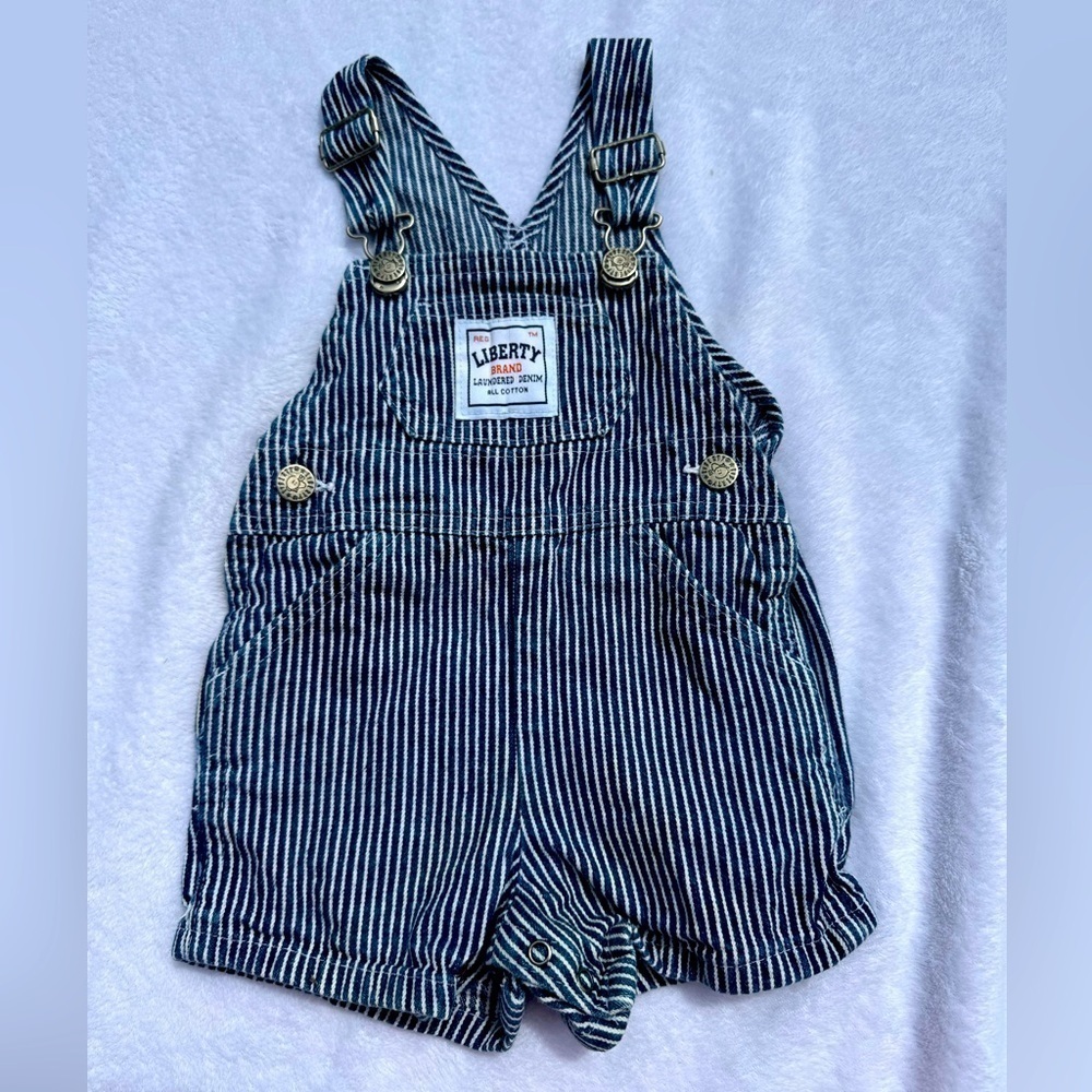 Liberty baby overalls cotton denim blue white stripes 18m 18 months conductor
